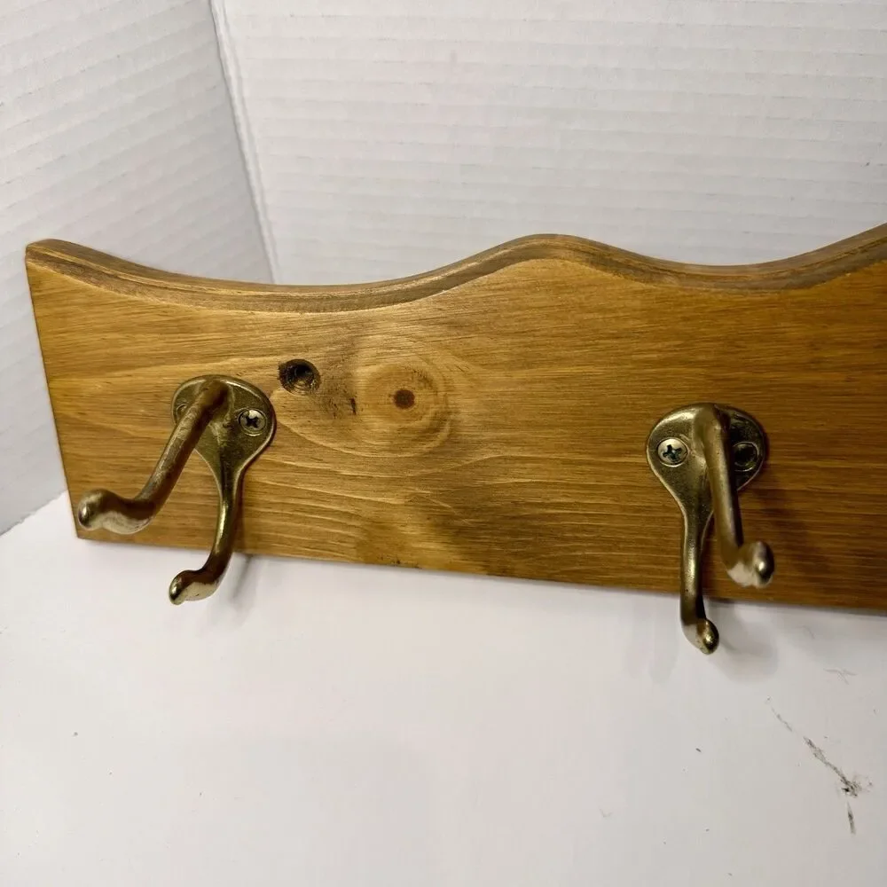 Vintage 22” Wood Heart Cutout Wall Coat Rack 4 Brass Hooks Cottagecore Farmhouse